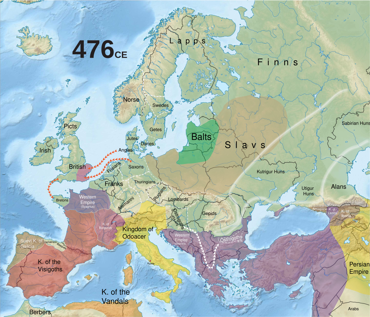 Map of Europe around AD 476, showing the eastern empire and post-Roman West.